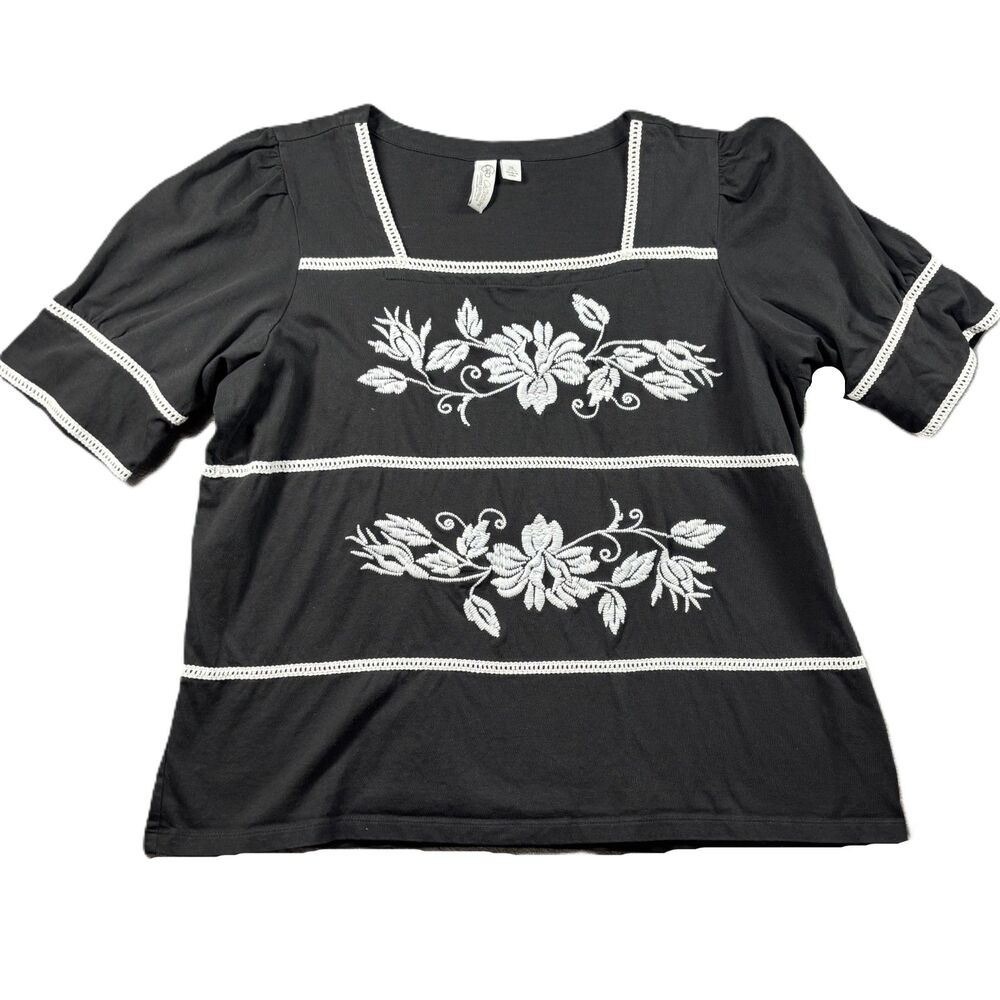 Cato Women Peasant Top Embroidered Floral Boho Whimsygoth Black White XL L190
